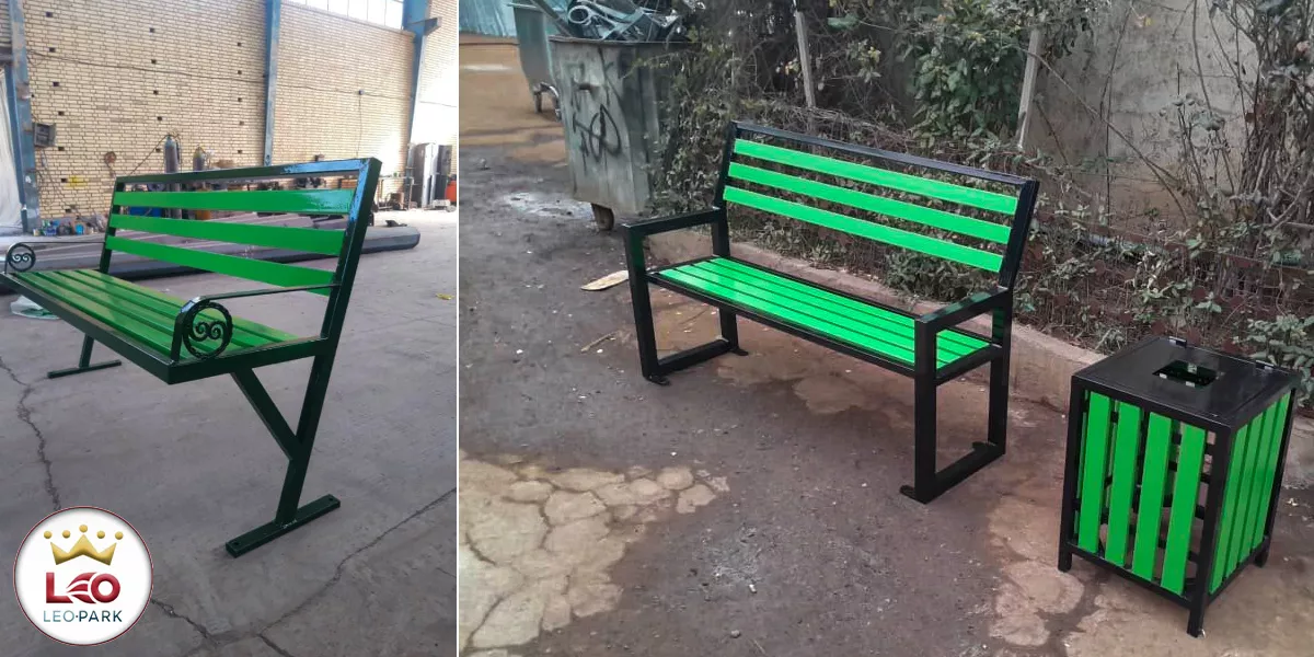 نیمکت فلزی پارکی و ست نیمکت و سطل زباله سبز ومشکی