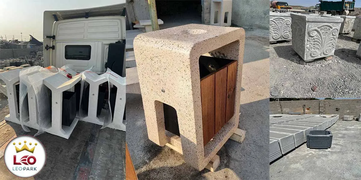 گلدان و سطل آشغال بتنی با پاکت چوبی و بارانگیر