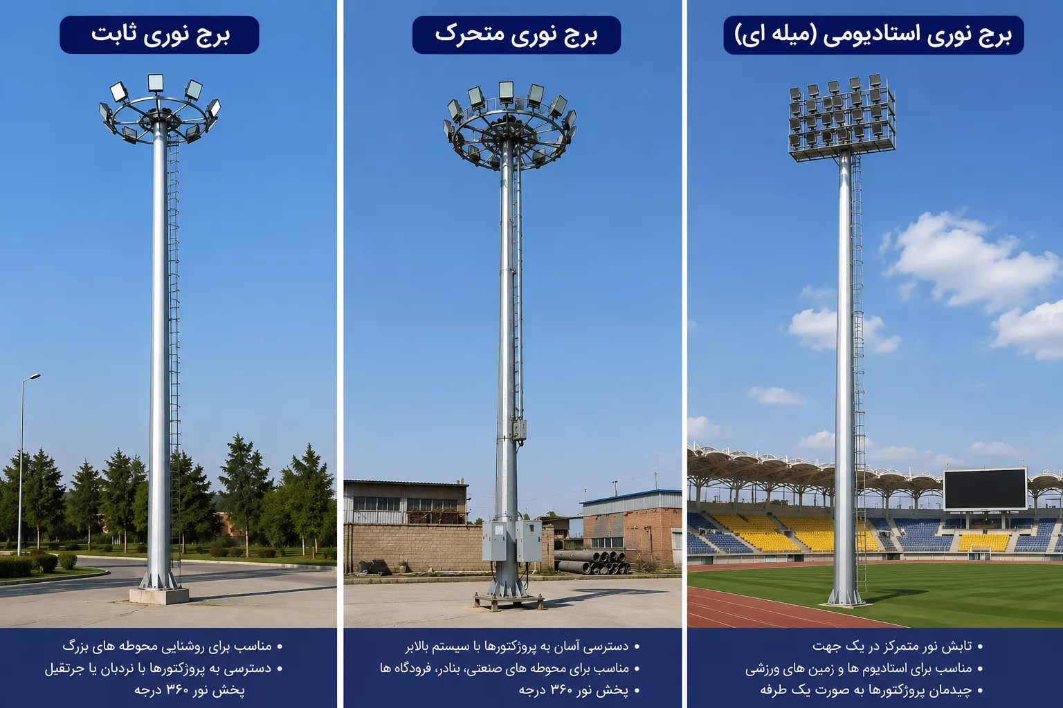 برج نوری ثابت برج نوری متحرک و برج نوری استادیومی