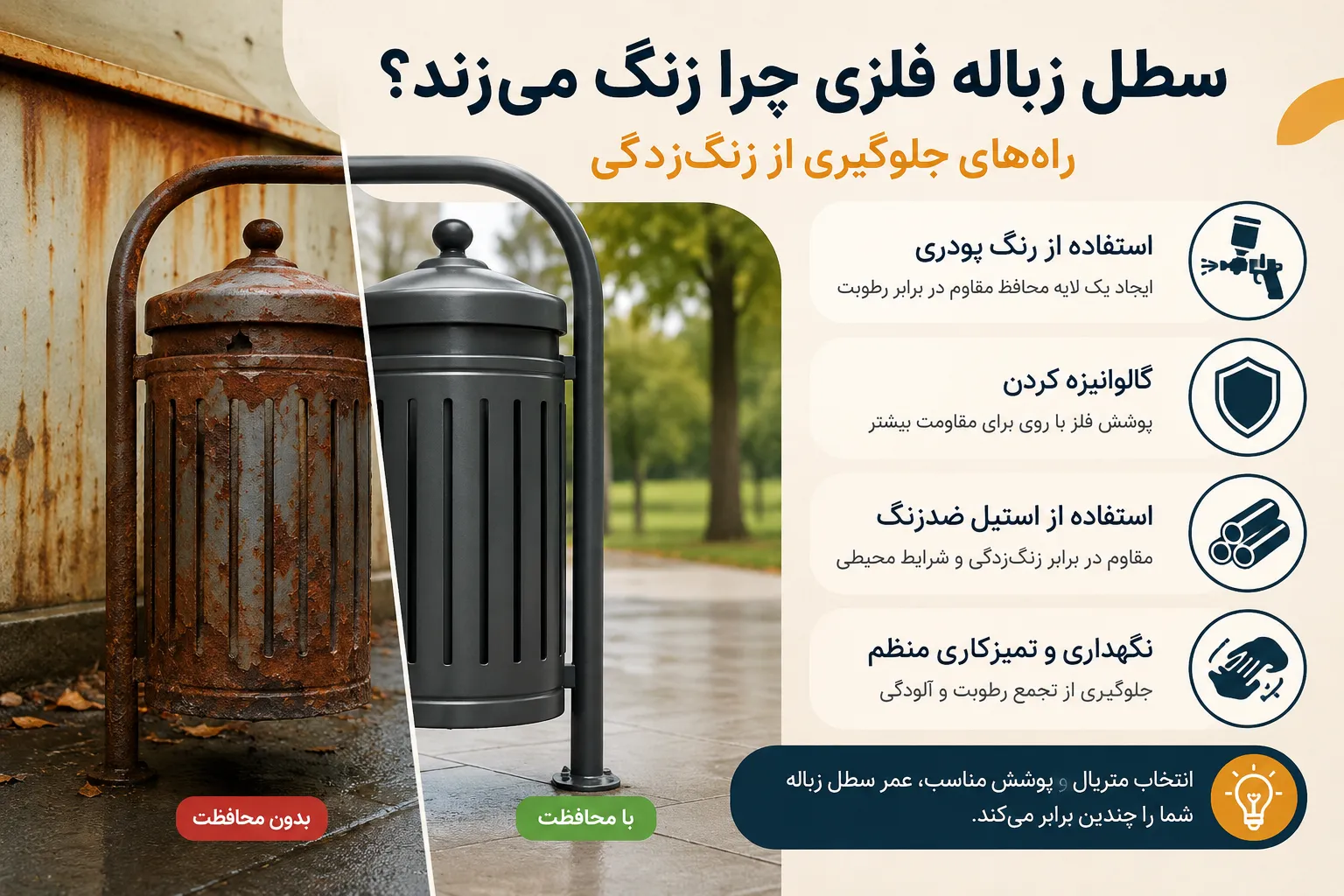 سطل زباله فلزی چرا زنگ میزند؟ راههای جلوگیری از زنگزدگی